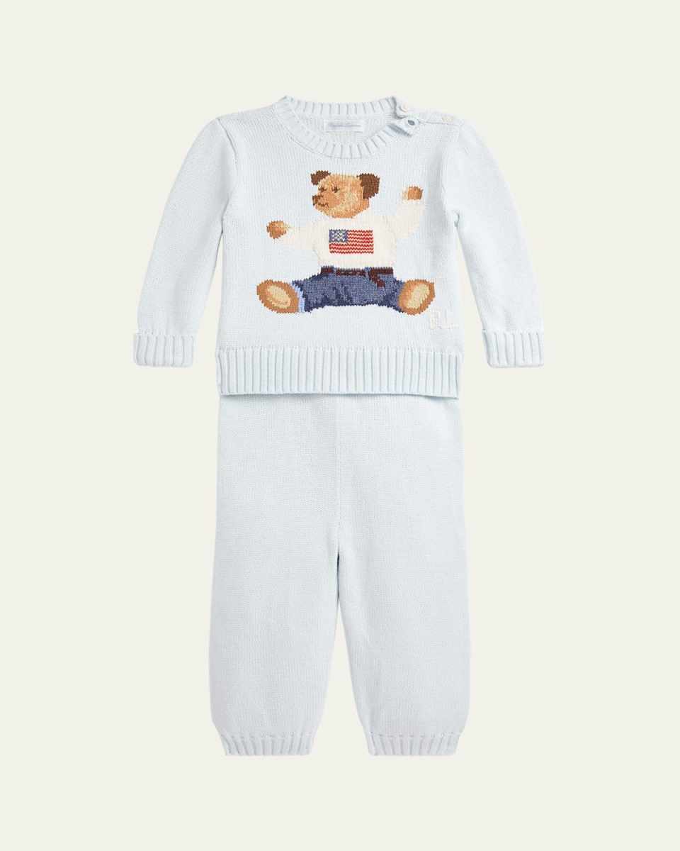 Boy's Flag Bear Intarsia Knit Sweater and Pants Set, Size 3